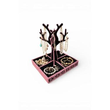 Imagem de Porta Joias Organizador em Forma de Árvore, MDF 3mm, Preto e Rosa, 20x15x20cm, com Compartimentos e Suporte para Colares