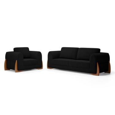 Imagem de Kit Poltrona E Sofá Bloom 160cm 02 Lugares Com Pés De Madeira Bouclê Preto - Desk Design