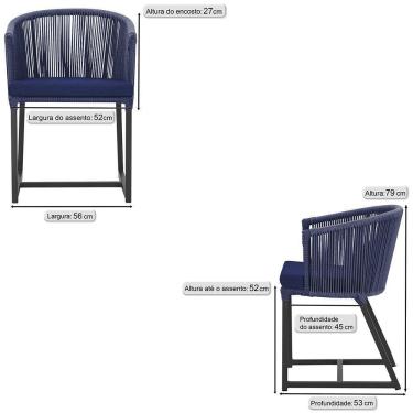 Imagem de 2 Cadeiras De Jantar Noronha Preta Corda Náutica E10 Trama Azul