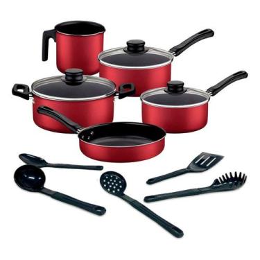 Imagem de Jogo De Panelas Tramontina Caribe Vermelho 5 Peças Com Utensílios Pret