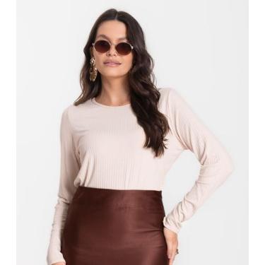 Imagem de Blusa Feminina Canelada Com Manga Longa Rovitex Bege, GG, Bege