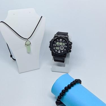 Imagem de Kit Relógio Infantil Militar Digital LED Cronômetro Calendário Esportivo + Colar cordão Pedras pendulo + Pulseira