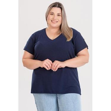 Imagem de Blusa Feminina Plus Size Malha Canelada Decote V - Serena, G2, Marinho