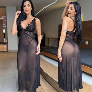 Imagem de Camisola Longa Tule Transparente Luxo Fenda Lingerie Sexy - like4you, 