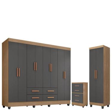 Imagem de Guarda Roupa Casal Porto com Cômoda Lite 4 Gavetas e Armário Multiuso Lite Nature Cinza – Móveis Leão