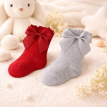 Imagem de Kit 2 Pares Meia Bebê 3/4 com Laço Fofa Delicada 6 a 12 Meses Menina -