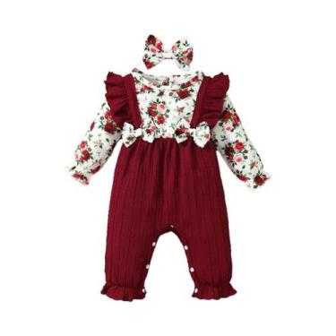 Imagem de Macacão Floral Para Bebê Menina Recém-Nascida Com Manga Longa E Faixa 