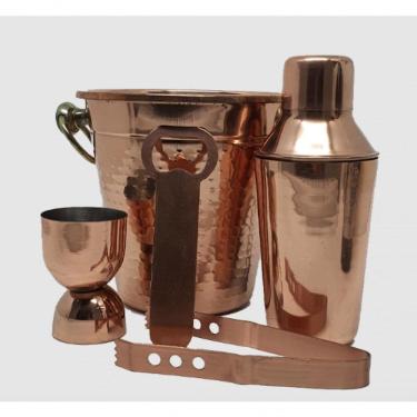 Imagem de Conjunto para Bar Martelado 5 Peças Inox AISI 201 com Banho de Cobre Kit com Dosador Pinça Coqueteleira Abridor e Balde
