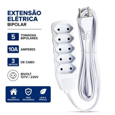 Imagem de Extensão Elétrica Bipolar 5 Tomadas Bivolt 10 Amperes 3 Metros Branco 
