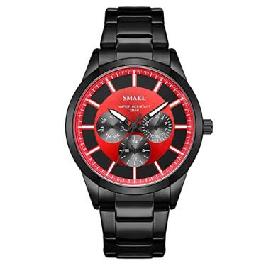 Imagem de Relógio masculino de quartzo analógico, relógio de pulso de aço inoxidável, fecho de borboleta, design redondo com 3 dígitos, elegante e elegante, vermelho