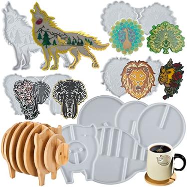 Imagem de Conjunto de moldes de silicone de resina grande para porta-copos de animais com 5 porcos de elefante de leão de pavão lobo