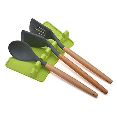 Imagem de FUYTERY Porta colher de silicone para cozinha 6 grelhas com almofada resistente ao gotejamento e tapa-potes (Verde)