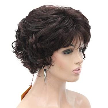 Imagem de Perucas femininas de cabelo sintético curto encaracolado castanho-escuro peruca feminina grossa para perucas de cabelo humano diário (cor: 33-2, comprimento esticado: 20,32 cm)