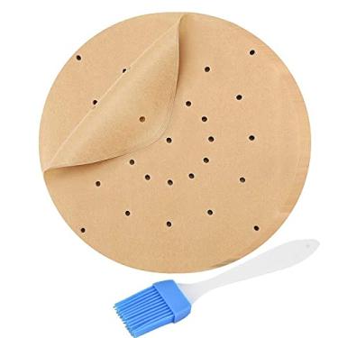 Imagem de Folhas de papel de pergaminho perfuradas para forno a ar fritadeira, 200 peças de papel de cozimento, forro de pergaminho retangular antiaderente para fritadeira a ar, cesta de vaporizador de bambu, papel de cozimento, micro-ondas, forno, redondo, marrom