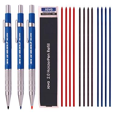 Imagem de Caneta Java Pen lapiseira de 2,0 mm para desenho de rascunho, carpinteiro, artesanato, apontador de esboço de arte (canetas) + (grafite Hb de 2,0 mm 1 tubo vermelho 4 + azul 4 + preto 4 = 12 grafites) da Java pen
