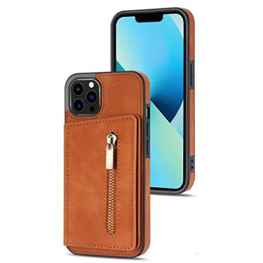 Imagem de Capa carteira para iPhone 13 Pro Max/13 Pro/13/13 Mini, capa traseira de couro com suporte para cartão, suporte, suporte, capa protetora com fecho magnético à prova de choque, marrom, 13 15,5 cm