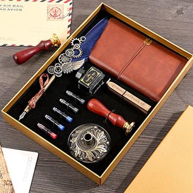 Imagem de HIOD Pen Pen Pen Retro Caligrafia Pen Set with Ink Bag Ink Extraction Tube Pen Pen Notebook Fire Paint Seal Stationery Gift Box, Dark Blue