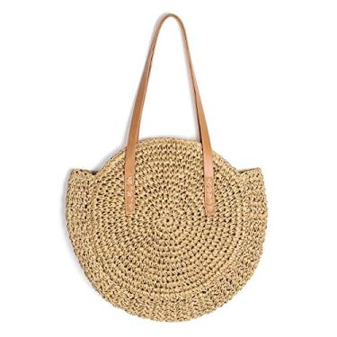Imagem de Bolsa feminina Ayliss de tecido de palha grande para praia, feita à mão, bolsa de ombro, Khaki #!, One Size