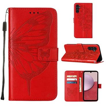 Imagem de Capas de telefone borboleta em relevo para Samsung Galaxy A14 A 14 5G Capa de couro com slots para cartão impressos clipe de carteira para telefone de negócios Samsung A14 5G capas (vermelho, Samsung A14 5G)