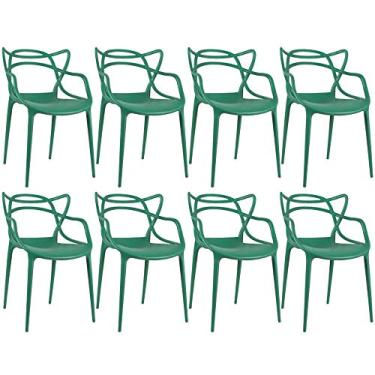 Imagem de Loft7, Conjunto Kit 8 Cadeiras Design Allegra Polipropileno Injetado Alta Densidade Empilhável Sala Cozinha Jantar Bar Jardim Varanda Verde Escuro