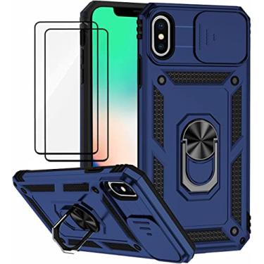 Imagem de Capa para iPhone XR Capinha | incluindo 2 pedaços de película protetora de filme temperado, com janela deslizante de proteção para câmera e suporte para celular - Azul