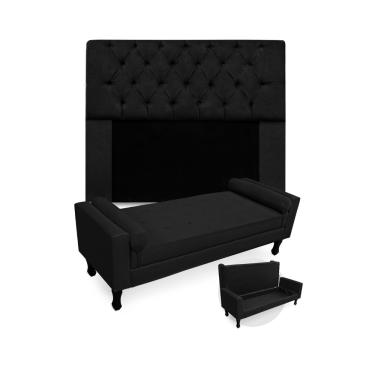 Imagem de Kit Cabeceira Estofada Mirage E Recamier Baú Fenix Casal 140 cm Suede Preto - LM DECOR