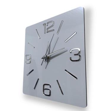 Imagem de Relógio Parede Branco 25cm, Quadrado, Algarismos 3D Côr Prata Espelhad