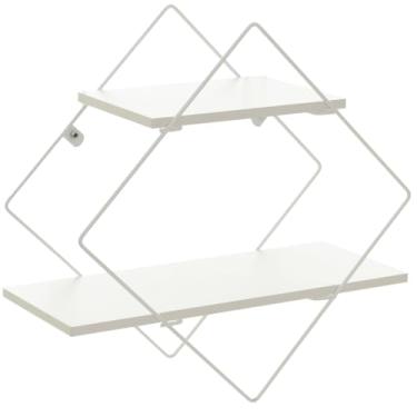 Imagem de Prateleira Decorativa Losango, Cor Branco Microtextura com Madeira Branca, Metaltru