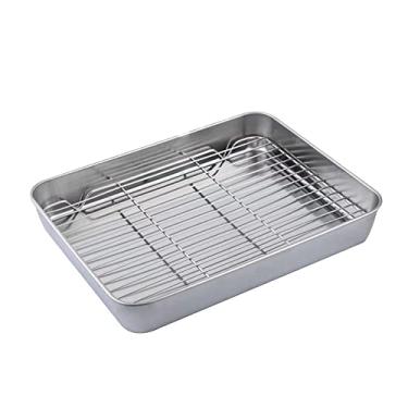 Imagem de Conjunto de assadeira com rack [1 assadeira + 1 rack de resfriamento], assadeira e grelha de aço inoxidável TCOOME - assadeira não tóxica e saudável, resistente à ferrugem e deformação (grande)