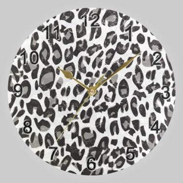 Imagem de CHIFIGNO Relógio circular redondo de leopardo preto e branco, 10 relógios de parede redondos silenciosos operados por bateria sem tique-taque para vida na parede