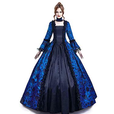 Imagem de Vestido medieval rainha vitoriana gótico renda manga sino vestido de baile renascentista fantasia fantasia fantasia de vampiro (69-azul, GG)