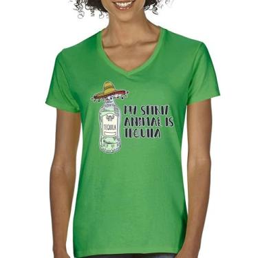 Imagem de Camiseta feminina My Spirit Animal is Tequila gola V Cinco de Mayo Drinking Tee, Verde, M