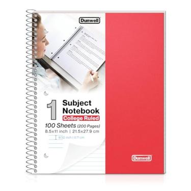 Imagem de Dunwell Caderno espiral de 1 assunto 21,5 x 28,5 cm – Caderno pautado universitário com capa de plástico vermelha, 100 folhas, caderno de um assunto com papel perfurado, 2 bolsos internos, caderno