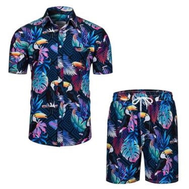 Imagem de MANTORS Conjunto masculino floral havaiano de 2 peças de camisa de manga curta com botão e shorts, Navy001, P