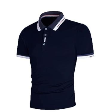 Imagem de BAFlo Nova camiseta masculina com contraste de cores e patchwork, camisa polo masculina de manga curta, Azul escuro, XXG