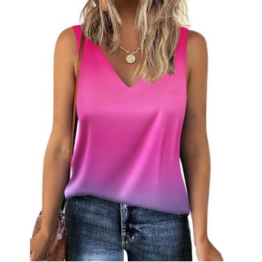 Imagem de Zeagoo Regatas femininas 2024 de cetim de seda elegante com decote em V blusa casual sem mangas cami camiseta regata de verão, Z-dye rosa e azul, GG