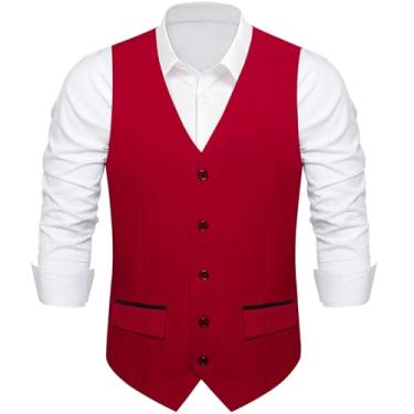 Imagem de BoShiNuo Colete preto slim fit para homens festa de negócios vermelho sólido gravata colete masculino lenço abotoaduras, Md-0240, X-Large