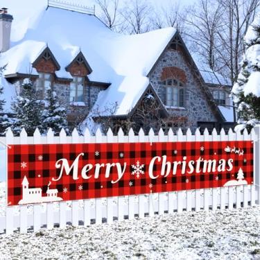 Imagem de Grande banner de Natal para decoração de Natal xadrez de búfalo vermelho pendurado grande placa artigos de festa decoração de casa para ambientes externos, internos, quintal, jardim, varanda, gramado