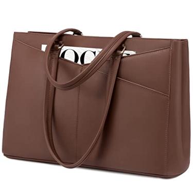 Imagem de Bolsa feminina para notebook LOVEVOOK, bolsa de couro PU impermeável para notebook de 15,6 polegadas, bolsa para trabalho, marrom escuro