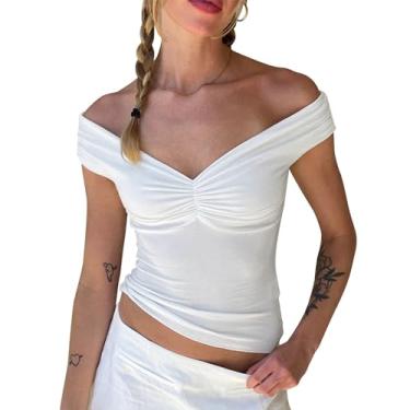 Imagem de Balimtoy Blusa feminina com ombros de fora, sem mangas, costas nuas, cropped para sair, gola V, caimento justo, bustiê, roupas Y2K, Branco, P