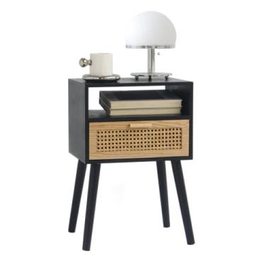 Imagem de MaxSmeo Mesa de canto com mesa de cabeceira de meados do século com gaveta e prateleira de vime, mesa de centro lateral pequena de madeira para espaços pequenos, sala de estar e quarto, fácil montagem