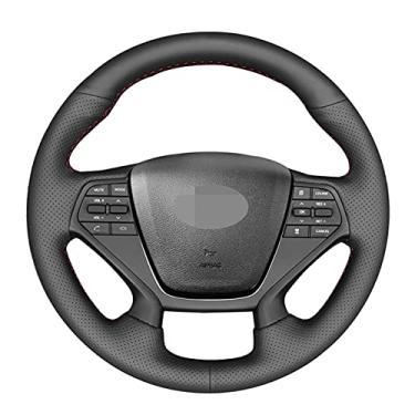 Imagem de Capa de volante de carro em couro preto e antiderrapante costurada à mão, adequada para Hyundai Sonata 9 2015 2016 2017