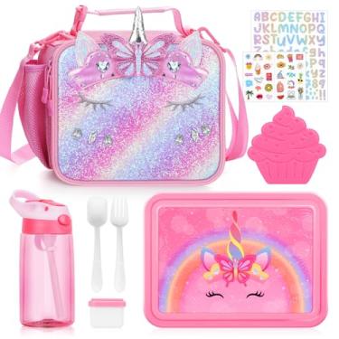 Imagem de JYPS Unicorn Bento Box para crianças com lancheira isolada, conjunto de lancheira com garrafa de água infantil, recipiente de molho, bolsa de gelo, utensílios, recipiente de almoço perfeito para