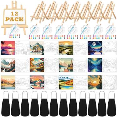 Imagem de Motipuns 12 conjuntos de telas pré-desenhadas para pintura com cavaletes kit de pintura e kit de pintura desenhado com pincéis de pintura em tela impressa, paleta, avental para adultos (paisagem)