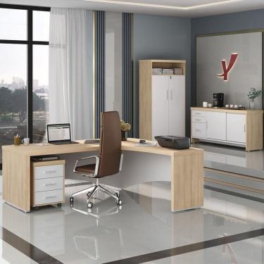 Imagem de Kit 4 Peças Mesa Diretor em L Tamburato, Gaveteiro, Balcão Organizador e Armário Multiuso com Nicho Carvalho/Branco