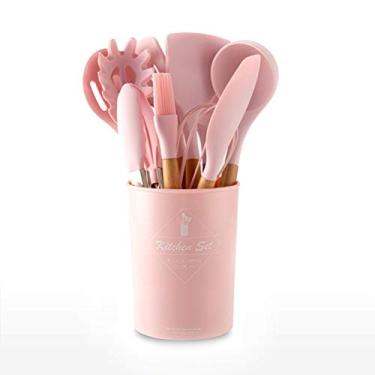 Imagem de Conjunto com 12 utensílios de cozinha de silicone, com alças de madeira, colher antiaderente resistente ao calor, espátulas, pinças, raspador, batedor, amassador de batata e escumadeira