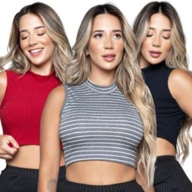Imagem de KIT 2 Cropped Garrafinha Canelado Bella Fiore Regata Gola Alta Blogueira Moda Casual-Fe...