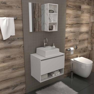 Imagem de Kit Gabinete de Banheiro Suspenso com Cuba e Espelho Nicho Branco Mármore