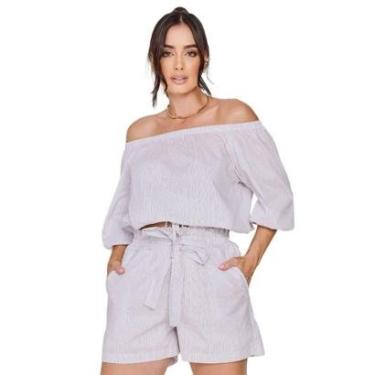 Imagem de Conjunto Feminino Tecido Social Alfaiataria Shorts e Blusa Ciganinha Manga 3/4 Risca de Giz VL0606-Feminino