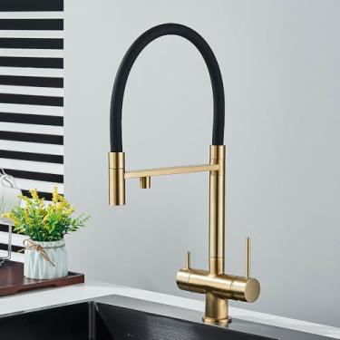 Imagem de Torneira de cozinha com filtro de água, preta, suspensa, montada no deck, misturador quente e frio, torneira com rotação de 360 graus, ouro escovado